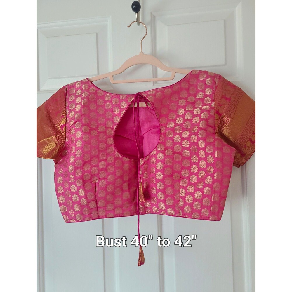 Women’s Pink & Gold Woven Silk Blend Choli Blouse Tie-Back Size L 40-42